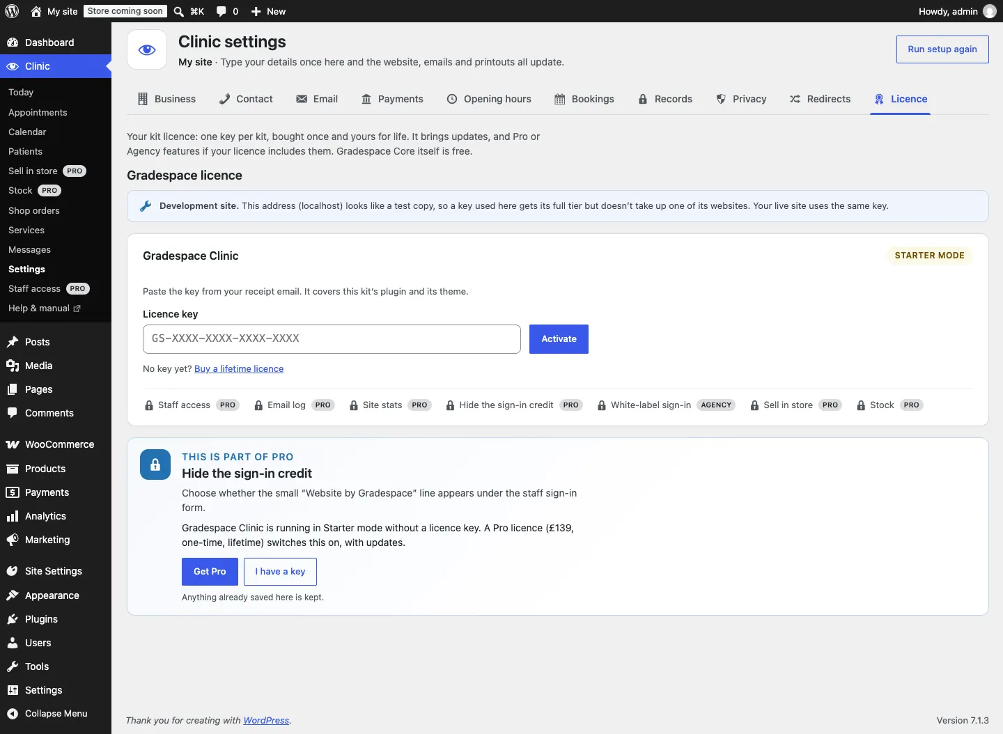 The Licence tab with the Gradespace your kit card in Starter mode: an empty Licence key box showing GS-XXXX-XXXX-XXXX-XXXX, an Activate button, the link "No key yet? Buy a lifetime licence", and a row of locked features marked Pro or Agency