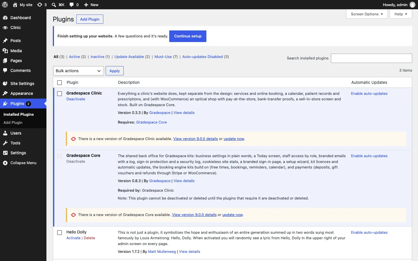 The Plugins screen with yellow lines under Gradespace your kit and Gradespace Core: "There is a new version of Gradespace your kit available. View version details or update now."