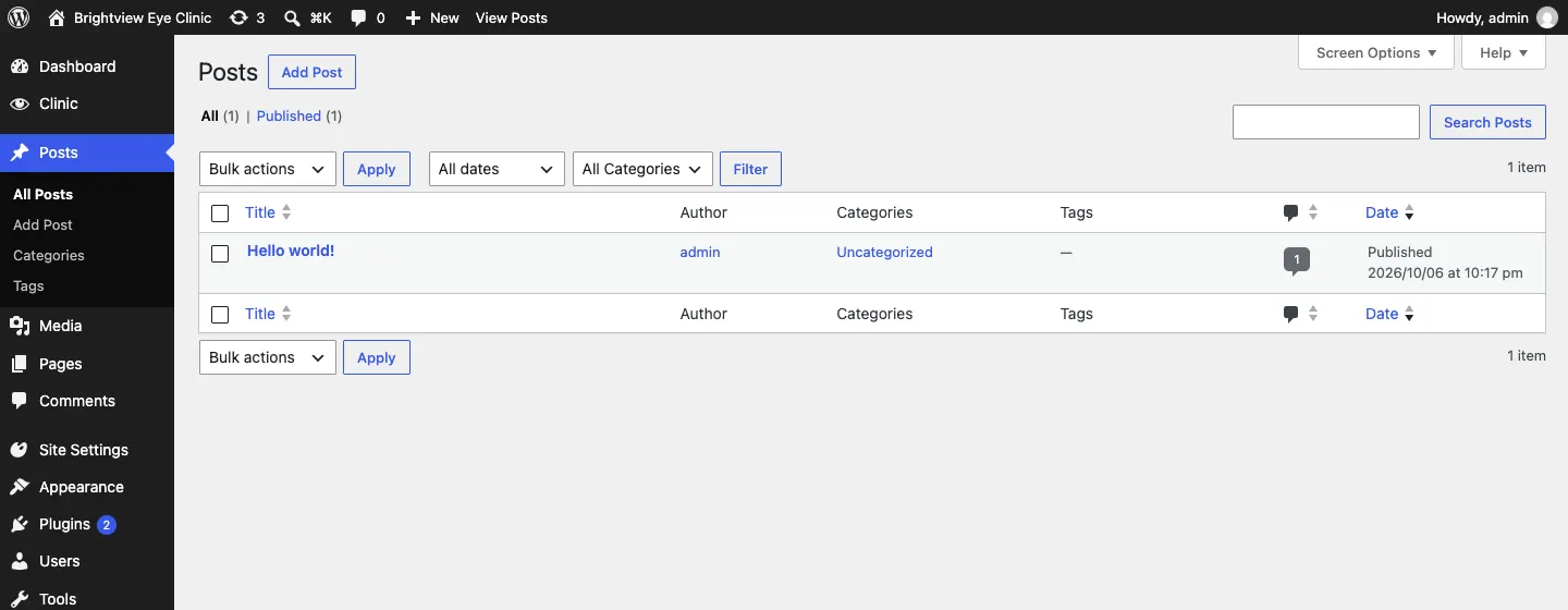 The Posts list with the columns Title, Author, Categories, Tags, Comments and Date, and an Add Post button at the top