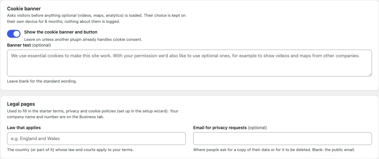 The Privacy tab with the Cookie banner card (Show the cookie banner and button switched on, and a Banner text box showing the standard wording), the Legal pages card with Law that applies and Email for privacy requests, and Save changes