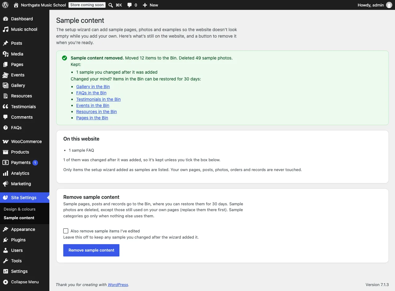 After removing: "Sample content removed. Moved 12 items to the Bin. Deleted 49 sample photos." with a Kept list (1 sample you changed after it was added) and links such as FAQs in the Bin and Events in the Bin