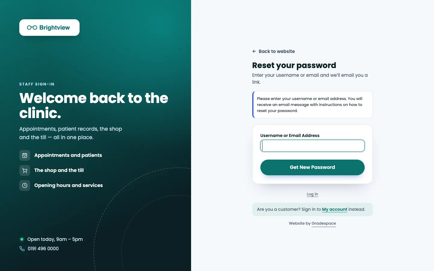 The Reset your password page: "Enter your username or email and we'll email you a link.", a Username or Email Address box, a Get New Password button and a Log in link