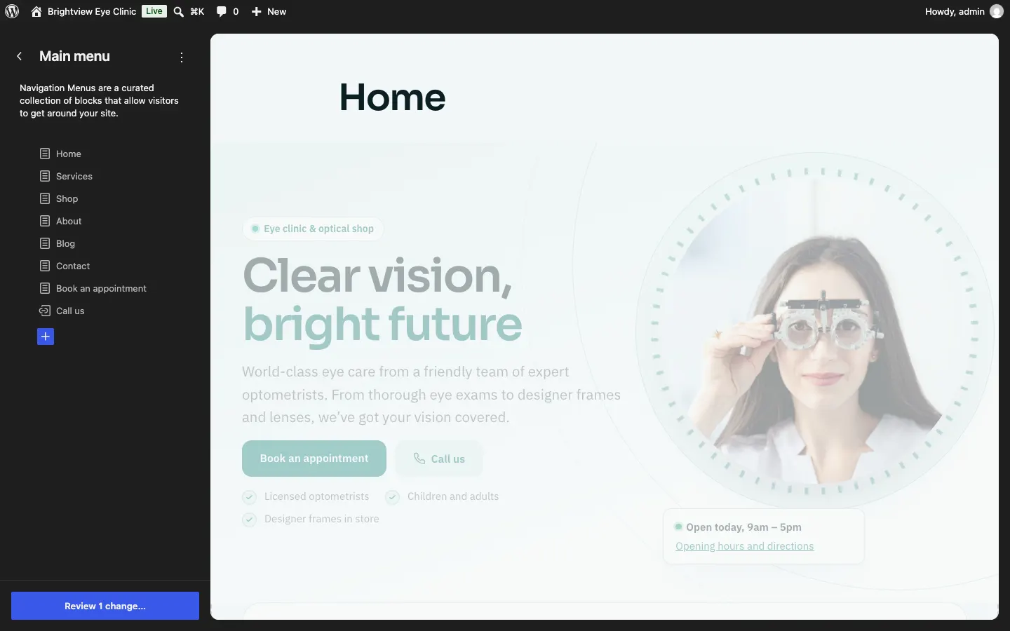 The Main menu panel listing the menu's links, with a blue + button below to add a link, and the home page shown on the right