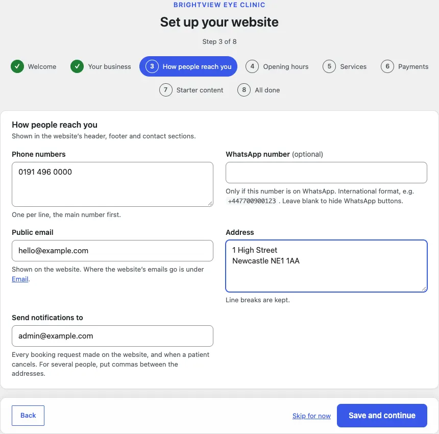 Step 3, How people reach you, with a phone number, the public email hello@example.com, a sample address and the Send notifications to box