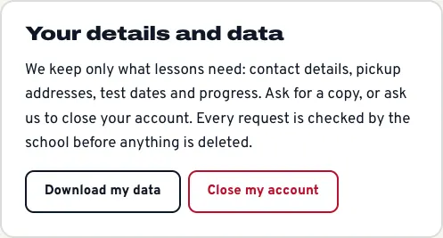 The Your details and data card, explaining what the school keeps, with Download my data and Close my account buttons