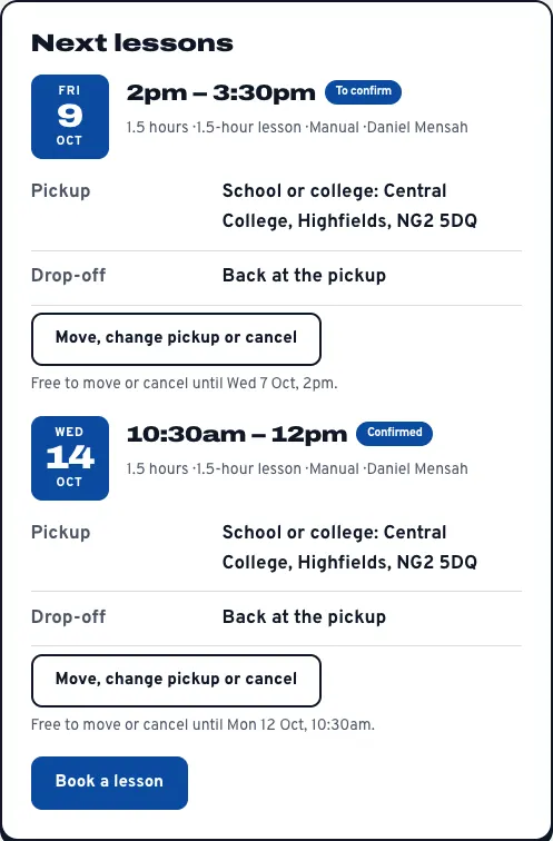 The Next lessons card, with Friday 9 October, 2pm to 3:30pm, To confirm, and Wednesday 14 October, 10:30am to 12pm, Confirmed, each with the pickup at Central College, the drop-off and a Move, change pickup or cancel link