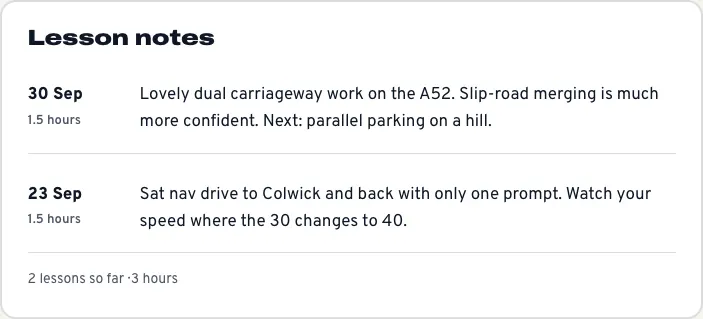 The Lesson notes card, with notes from 30 September about dual carriageway work on the A52 and from 23 September about a sat nav drive to Colwick