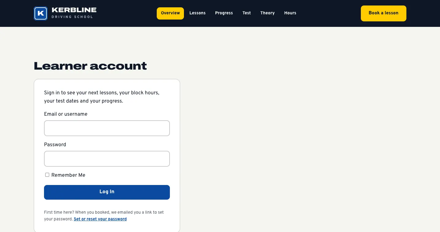 The Learner account sign-in page, asking for an email or username and password, with a Remember Me box and a "First time here?" note with a Set or reset your password link