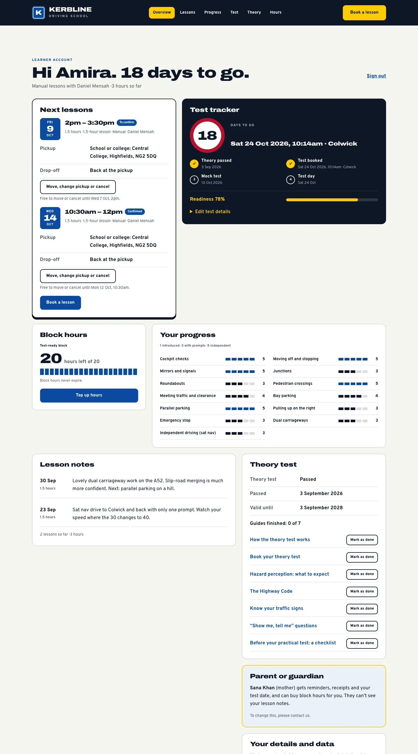 Amira Khan's learner account, greeting her with "Hi Amira. 18 days to go.", with her next lessons, the test tracker, block hours, progress and lesson notes