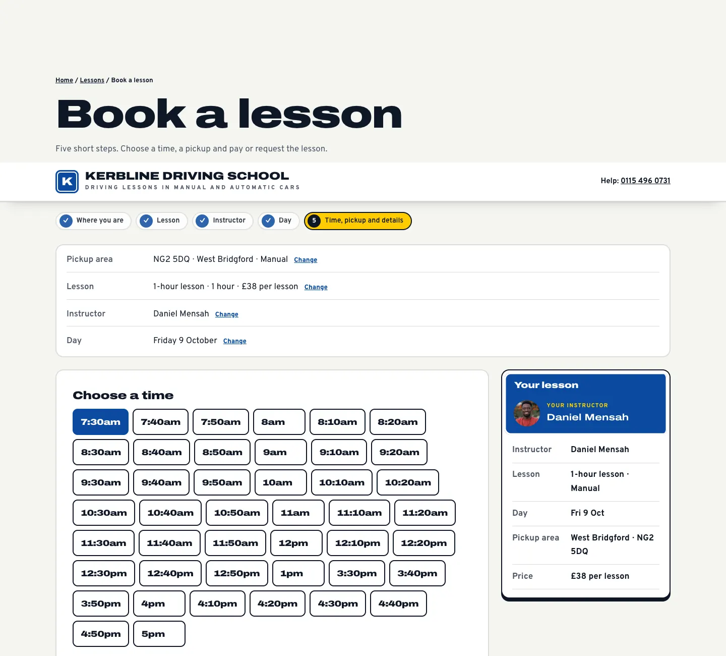 The last booking step: a grid of start times from 7:30am to 5pm, Book more than one lesson, Pickup and drop-off, and the Your lesson summary with Daniel Mensah, the 1-hour lesson, Fri 9 Oct, West Bridgford and £38 per lesson