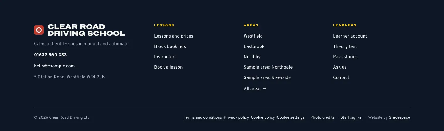 The footer of the sample Driving website: the tagline and contact details, columns of links, and a bottom line with the © year and name and links to the legal pages and Cookie settings