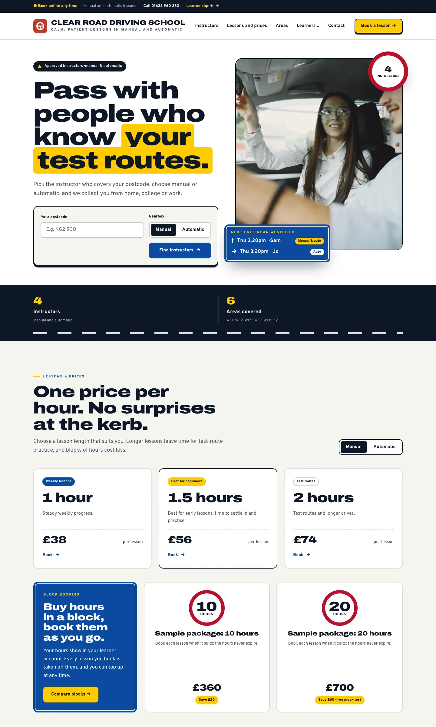 The sample Driving website's home page after the wizard, in its starting design, with the sample logo, the main menu, a large heading and the sample photos