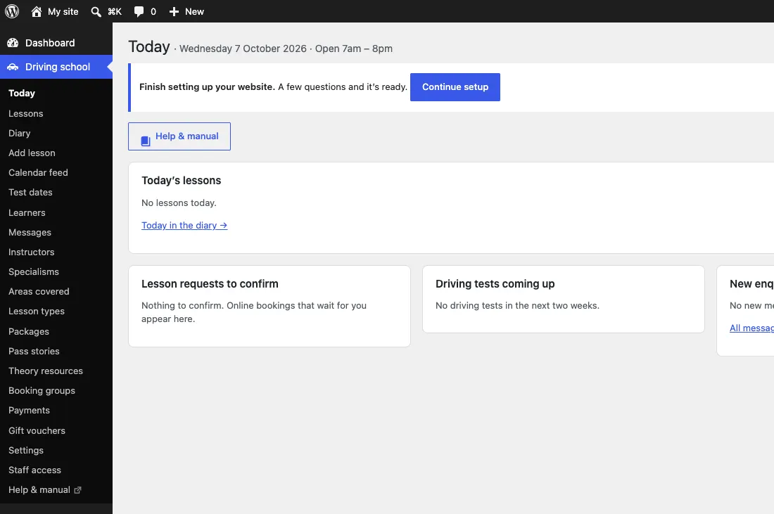 The Today screen with the Help & manual button under the heading, and the kit's menu on the left ending with Help & manual and a small arrow showing it opens in a new tab