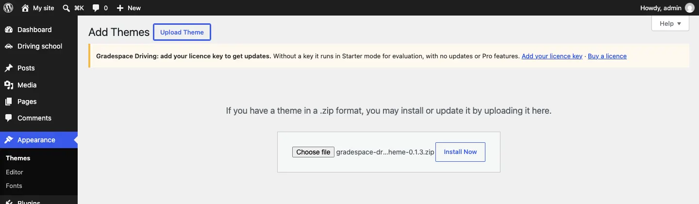 The Add Themes screen with the Upload Theme button pressed and the gradespace-driving-theme .zip file chosen, with an Install Now button