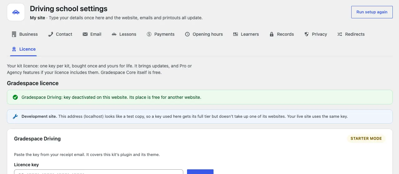 The green message "Gradespace Driving: key deactivated on this website. Its place is free for another website." above the licence card, now back in Starter mode
