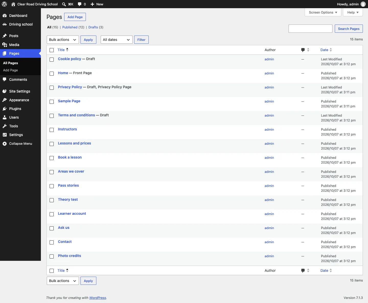 The Pages list after the setup wizard, with Home marked Front Page, the published starter pages, and the legal pages Cookie policy, Privacy Policy and Terms and conditions marked Draft