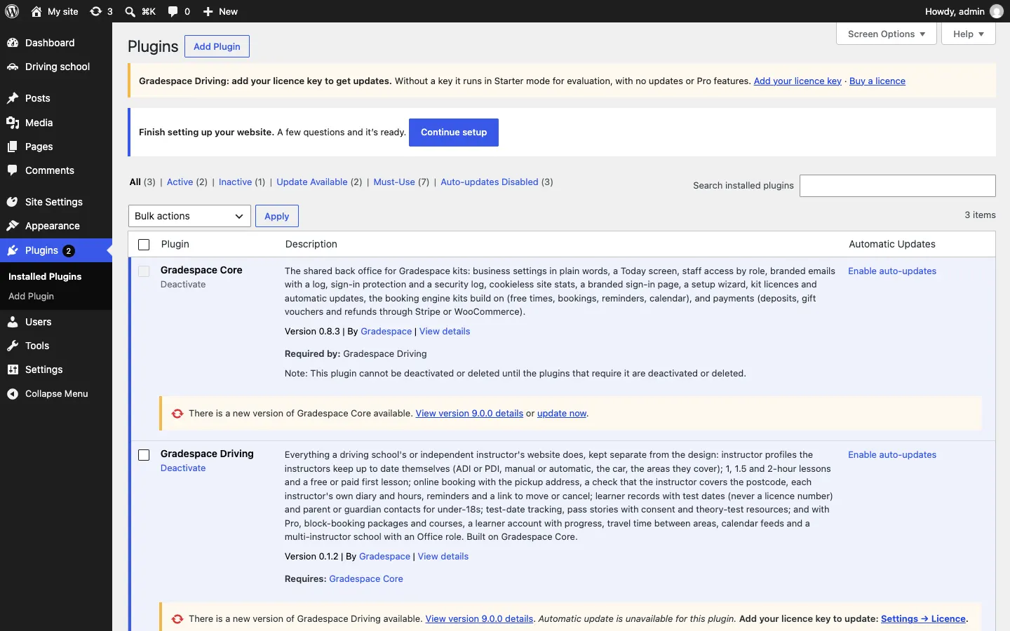 The Plugins screen without a licence key: under Gradespace Driving, "There is a new version of Gradespace Driving available. View version details. Automatic update is unavailable for this plugin. Add your licence key to update: Settings → Licence.", while Gradespace Core offers "update now"