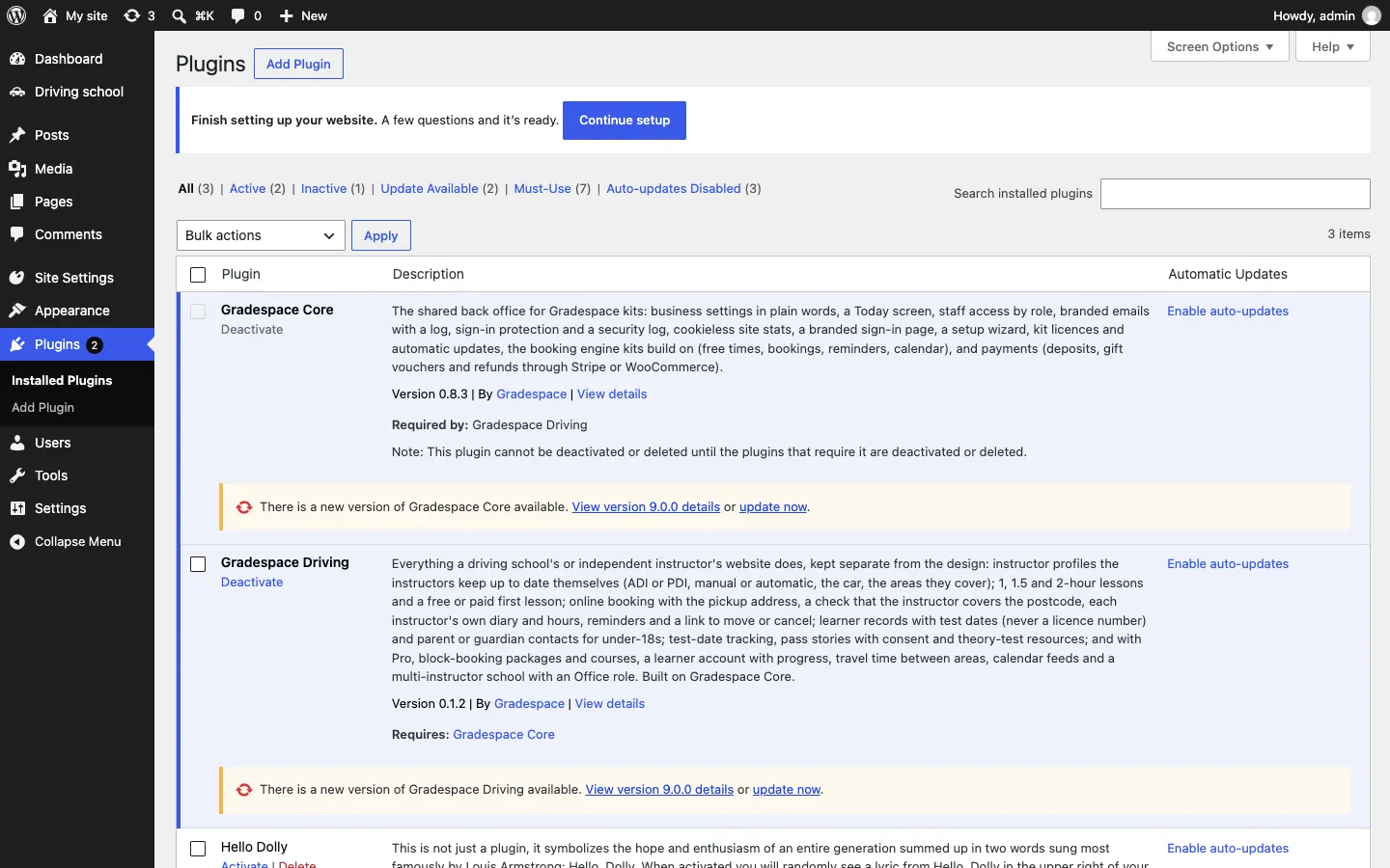 The Plugins screen with yellow lines under Gradespace Driving and Gradespace Core: "There is a new version of Gradespace Driving available. View version details or update now."