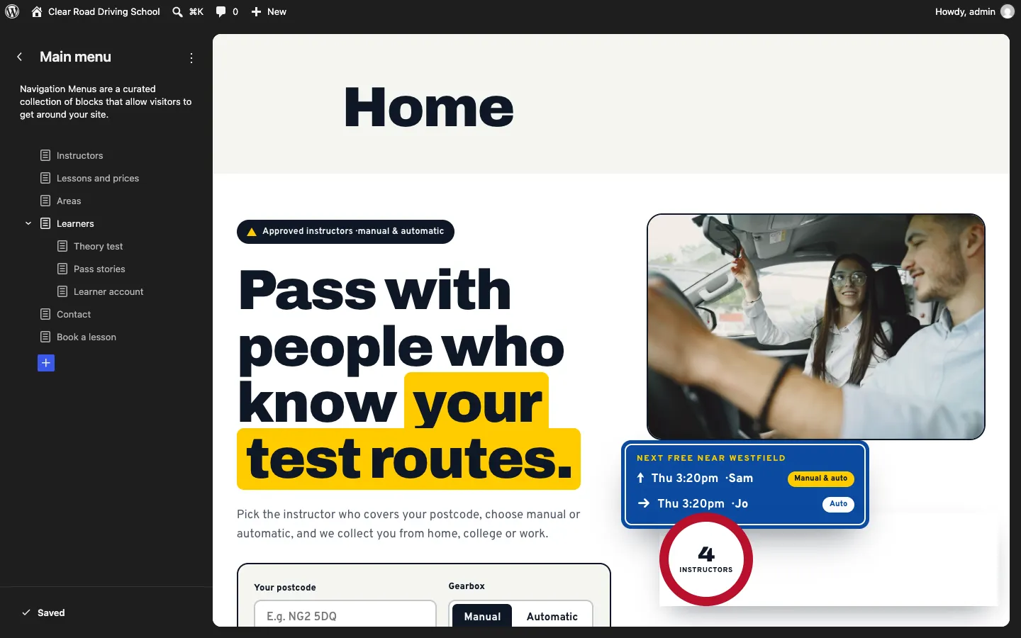 Navigation in the Site Editor: with only one menu, it opens the Main menu straight away, listing Instructors, Lessons and prices, Areas, Learners, Theory test, Pass stories, Learner account, Contact and Book a lesson, with the home page on the right