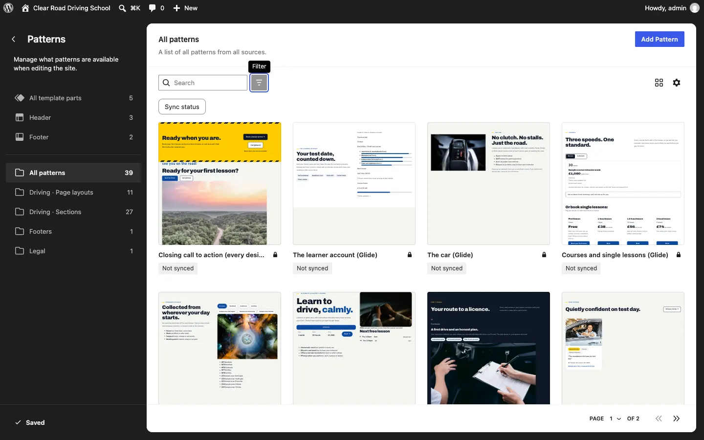 The Site Editor Patterns panel, with All template parts, Header and Footer at the top, then your kit's pattern categories