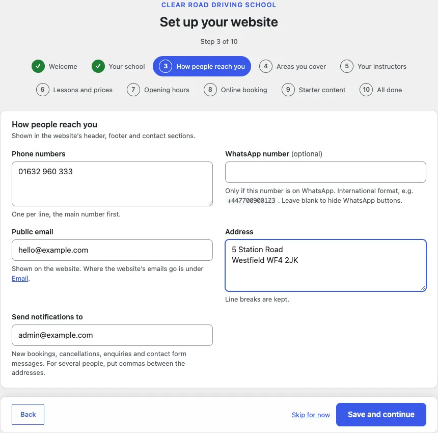 Step 3 of 10, How people reach you, with a phone number, hello@example.com, the address 5 Station Road, Westfield, and the Send notifications to box