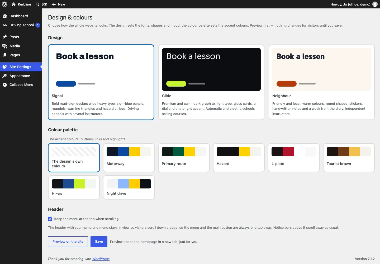 The Design & colours screen, with the three design cards (Signal selected), the colour palettes for Signal, the "Keep the menu at the top when scrolling" box and the Preview on the site and Save buttons