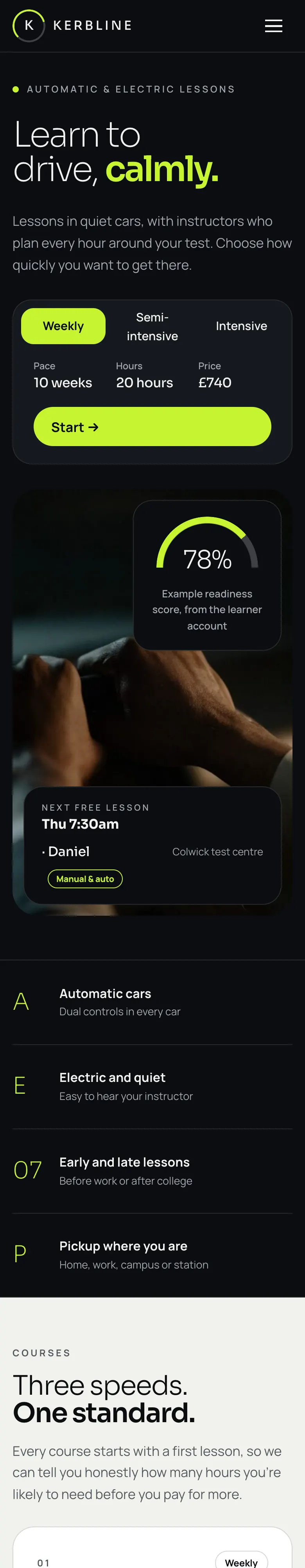 The Glide home page on a phone, dark with a lime-green "Book a first lesson" button