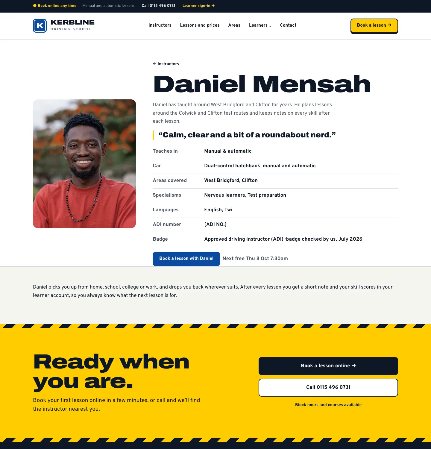 Daniel Mensah's page, with his photo, quote, gearbox, car, areas, specialisms, languages, the badge line "Approved driving instructor (ADI) · badge checked by us, July 2026" and a Book a lesson with Daniel button