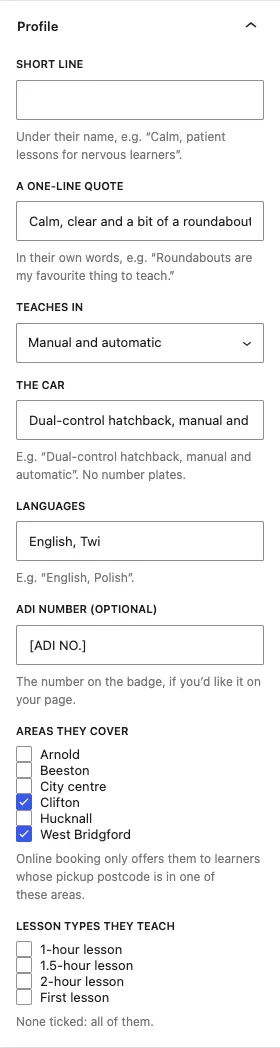 The Profile panel, with Teaches in set to Manual and automatic, the car, the languages English and Twi, and Clifton and West Bridgford ticked under Areas they cover