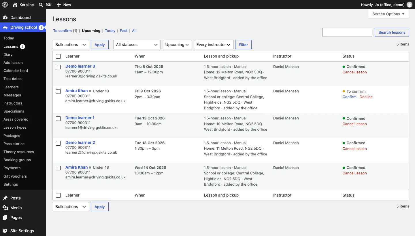 The Lessons list with five lessons, each showing the learner and their contact details, the date and time, the lesson and pickup, the instructor and the status, with Confirm and Decline links on Amira Khan's request