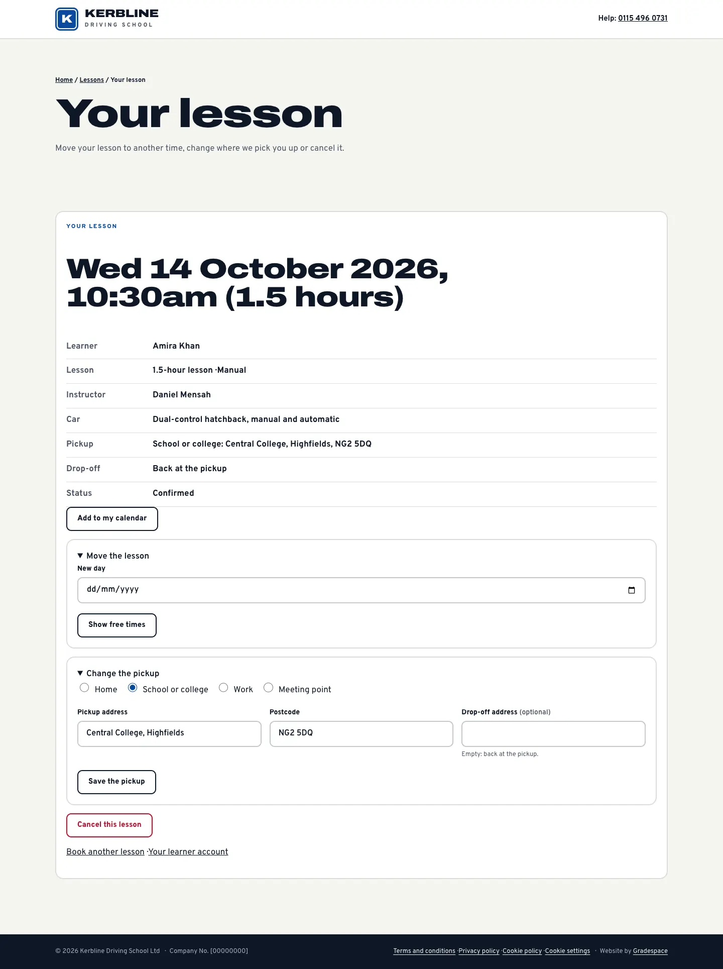 The Your lesson page for Wednesday 14 October 2026 at 10:30am, with the learner, lesson, instructor, car, pickup, drop-off and status, an Add to my calendar button, Move the lesson and Change the pickup sections and a Cancel this lesson button