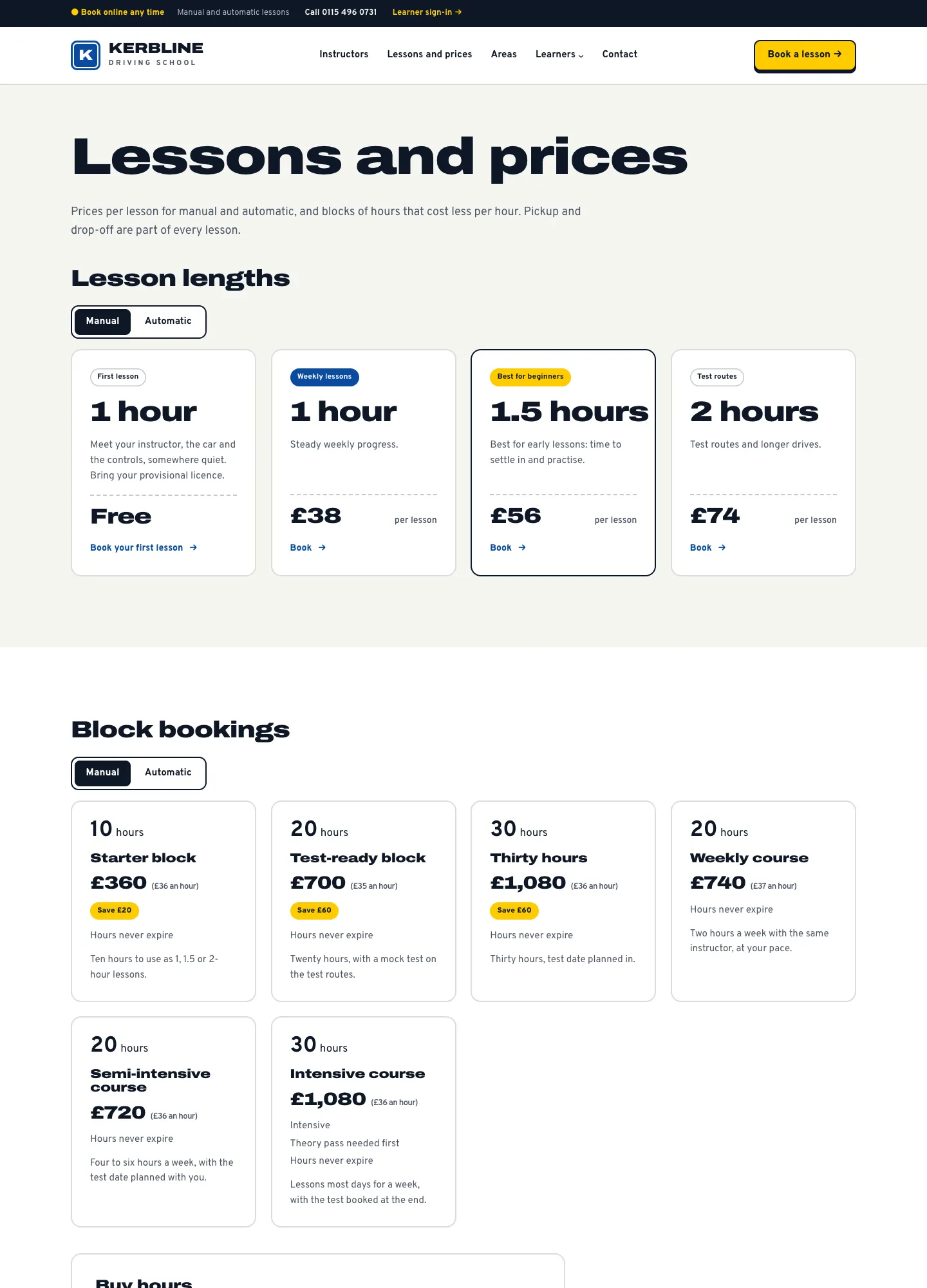 The Lessons and prices page, with the free First lesson, the 1-hour lesson at £38, the 1.5-hour lesson at £56 marked Best for beginners, the 2-hour lesson at £74, and block bookings below