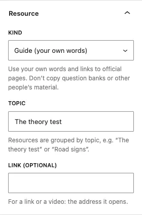 The Resource panel, with the Kind, Topic and Link (optional) fields