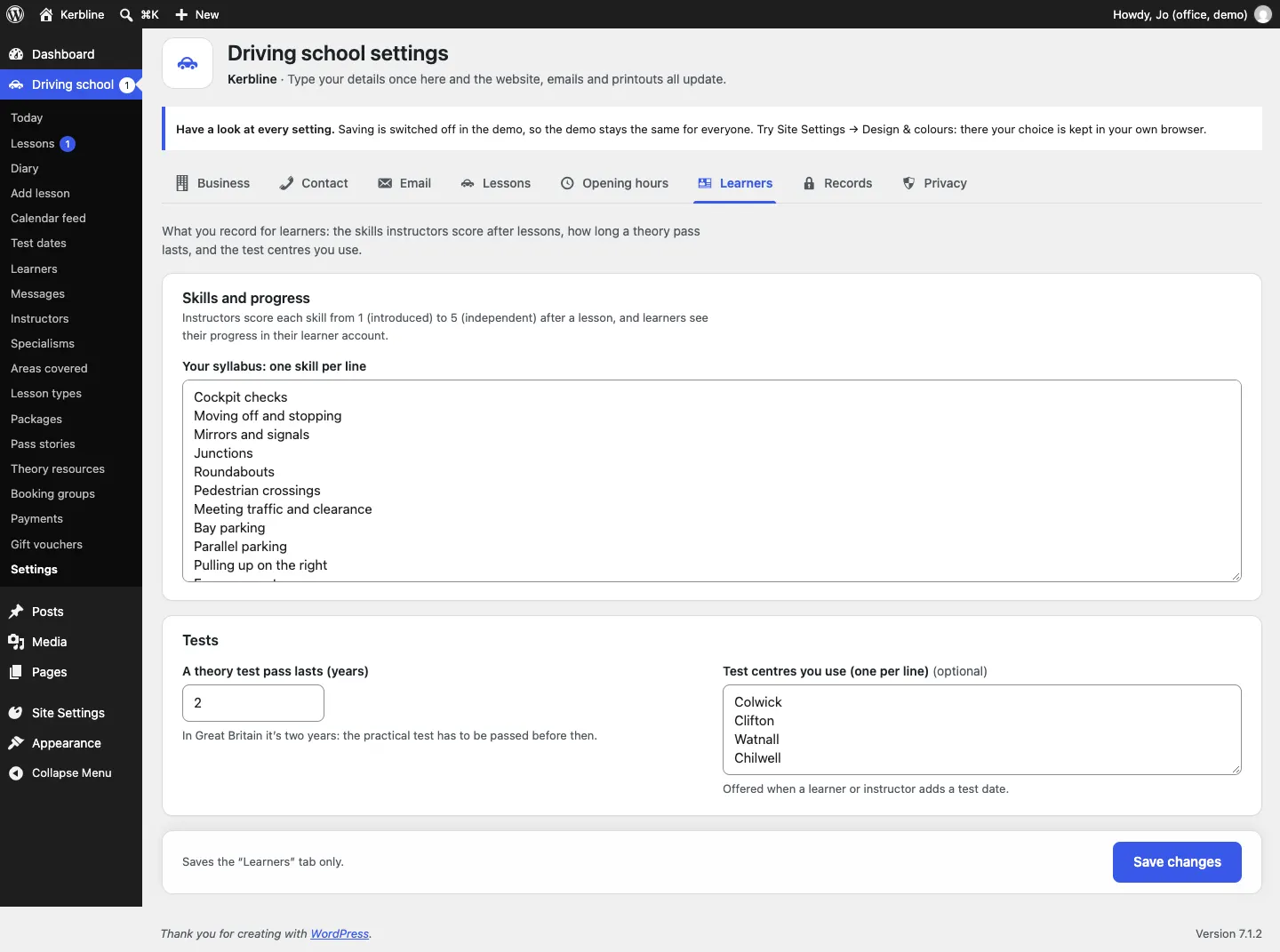 The Learners tab, with the syllabus box listing one skill per line, the theory pass length and the test centres box