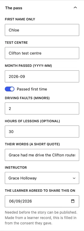 The Pass panel of a story, with the first name, test centre, month passed, Passed first time, the number of minors, the hours of lessons, their words, the instructor and the date the learner agreed to share it