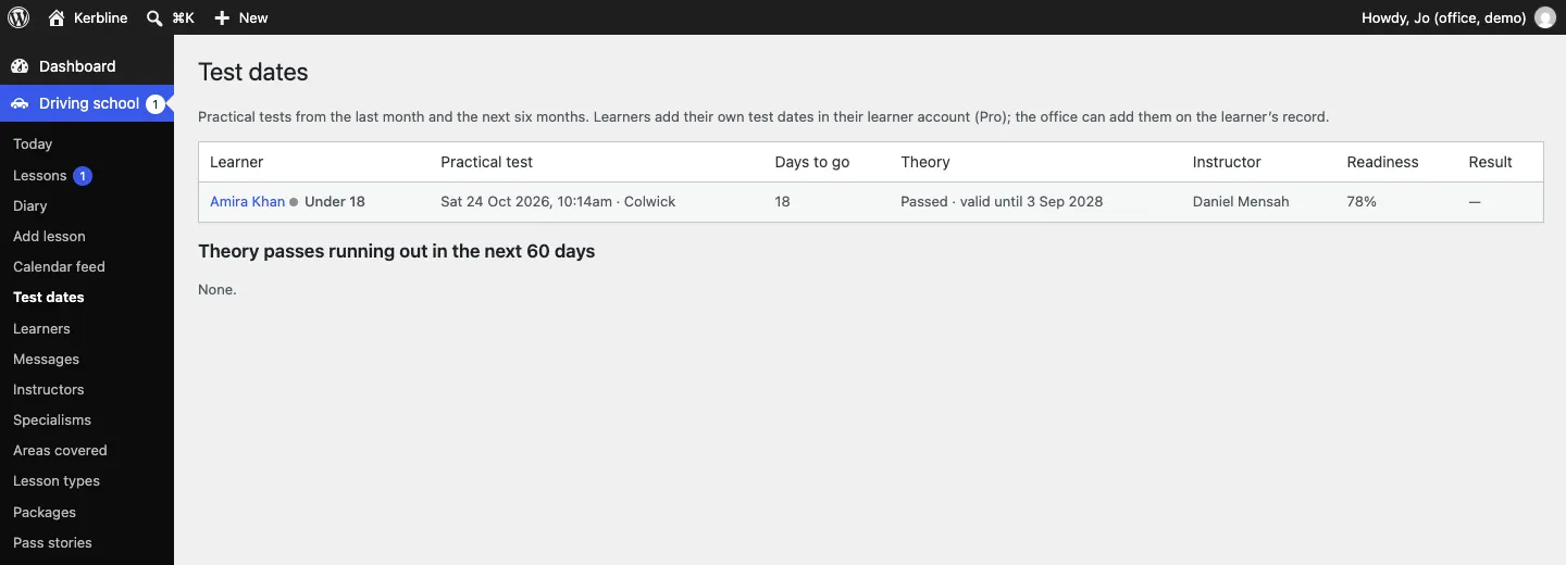 The Test dates screen with Amira Khan, under 18, taking her practical test on Saturday 24 October 2026 at 10:14am at Colwick, 18 days to go, theory passed and valid until 3 September 2028, with Daniel Mensah, readiness 78%, and a "Theory passes running out in the next 60 days" list that says None