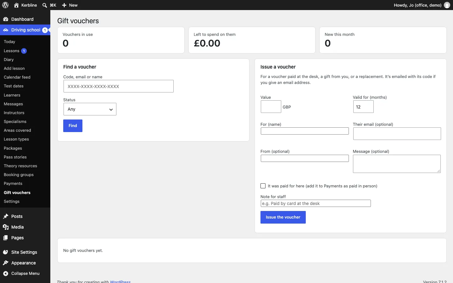The Gift vouchers screen, with totals for vouchers in use, left to spend and new this month, a Find a voucher search, and an Issue a voucher form with value, valid for, for (name), their email, from, message and a paid-here tick box