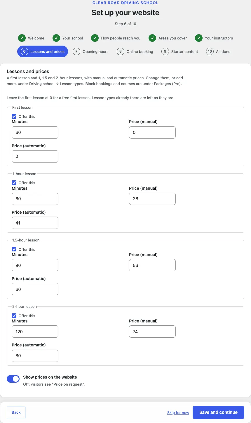 Step 6 of 10, Lessons and prices: First lesson 60 minutes free, 1-hour lesson 38 manual and 41 automatic, 1.5-hour lesson 56 and 60, 2-hour lesson 74 and 80, each with Offer this ticked, and Show prices on the website on