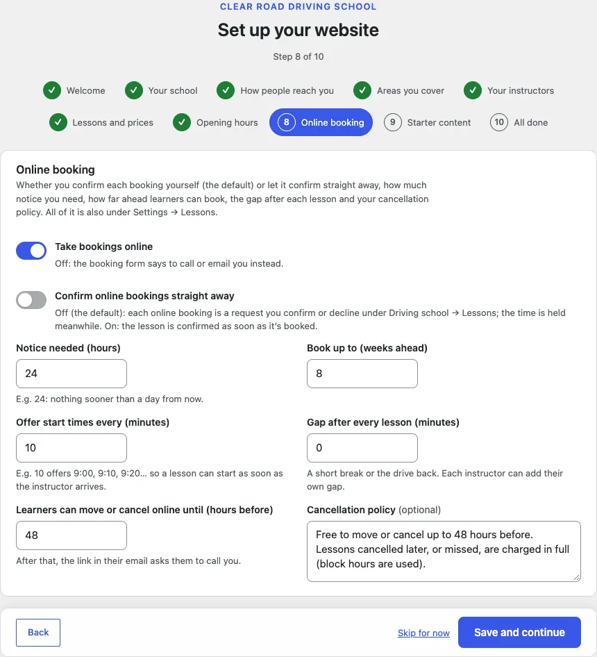 Step 8 of 10, Online booking: Take bookings online on, Confirm online bookings straight away off, notice 24 hours, 8 weeks ahead, start times every 10 minutes, gap 0, move or cancel until 48 hours before, and the cancellation policy text