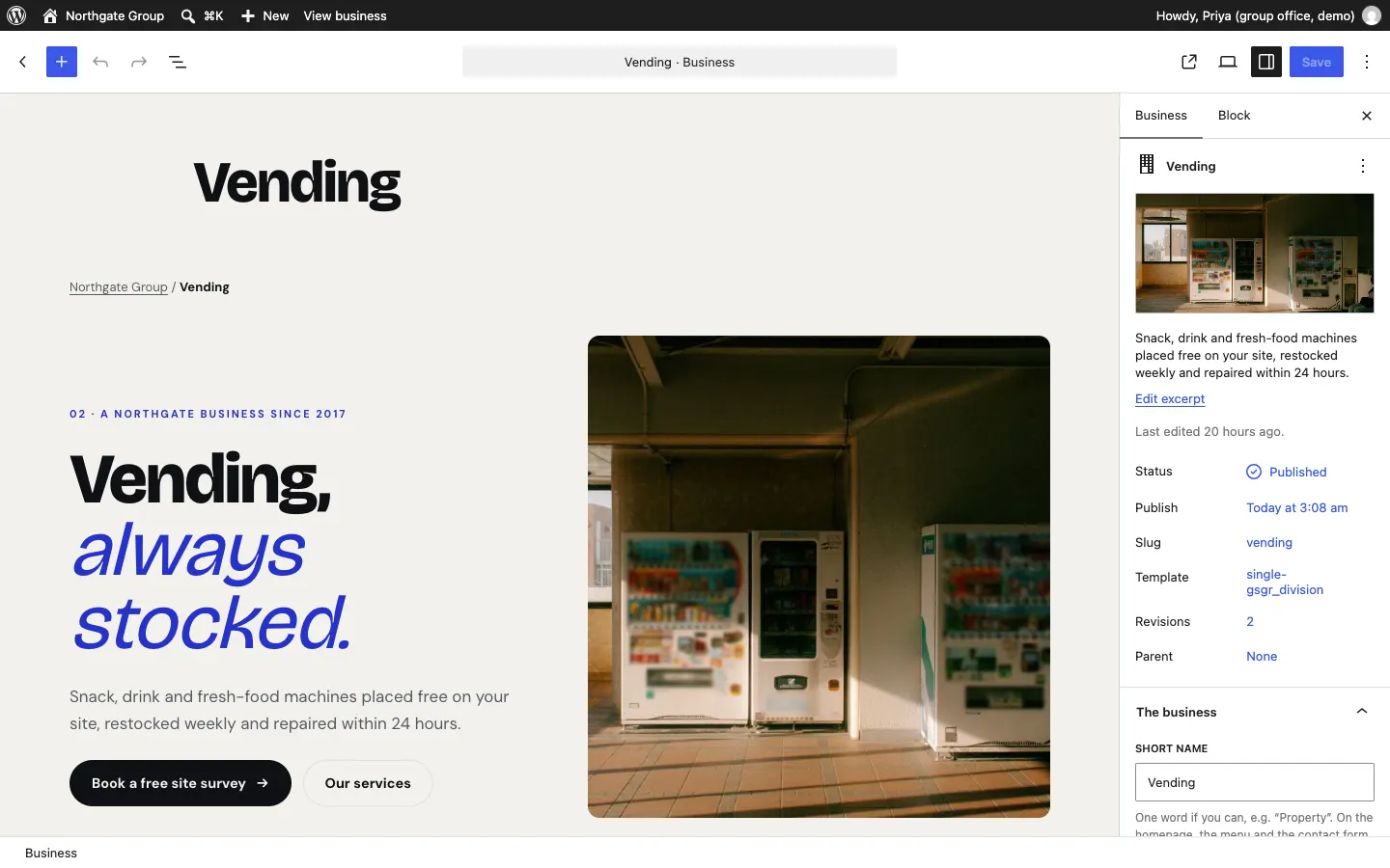 The business editor for Vending: the page preview in the middle with the heading "Vending, always stocked." and a Book a free site survey button, and on the right the sidebar with the photo, the intro and the boxes The business, Brand kit and Contact and enquiries