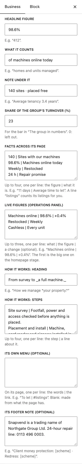 The On its page and the homepage box open, with the headline figure, share of turnover, facts, live figures, how it works steps, its own menu and its footer note