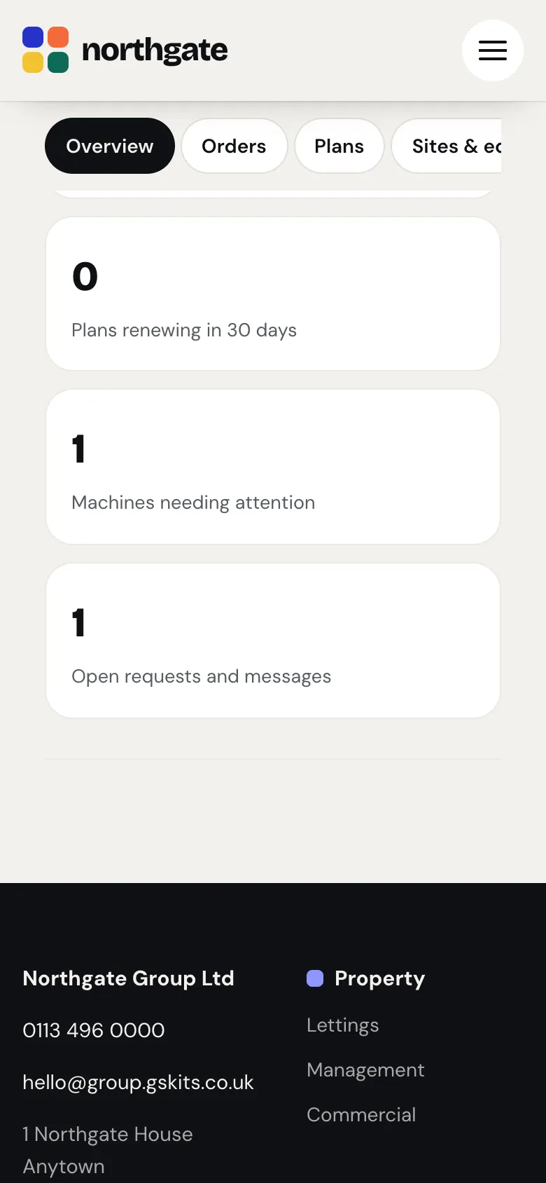The client area on a phone scrolled down: the Northgate header at the top, the row of tabs Overview, Orders, Plans and Sites & equipment held just below it, and the overview figures Plans renewing in 30 days, Machines needing attention and Open requests and messages