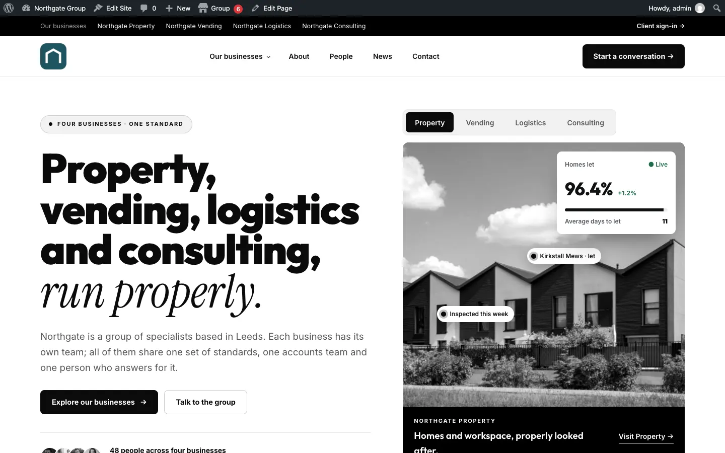The home page previewed in a new tab in the Charter design with the Pure mono palette, before saving