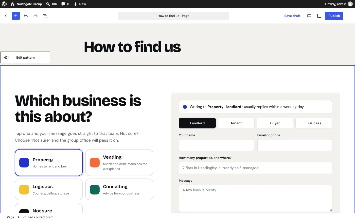 A page open in the editor with a paragraph selected: a small toolbar above it shows the paragraph, bold, italic and link buttons, and the address and contact details in the section fill themselves in from the settings