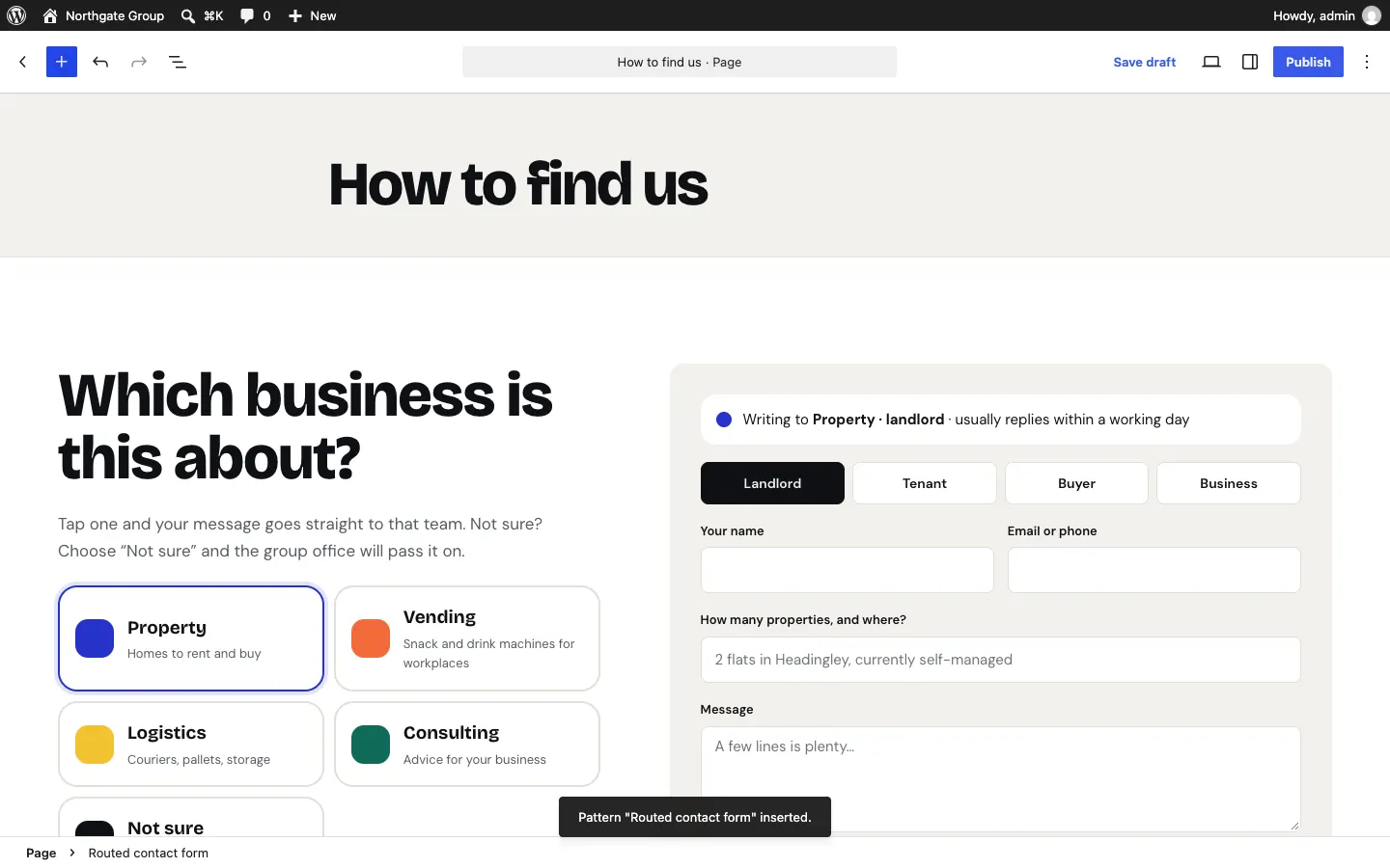A contact section added to a new page titled "How to find us", showing the address with Get directions, the phone number and email filled in from the settings, with the message 'Pattern … inserted.' at the bottom