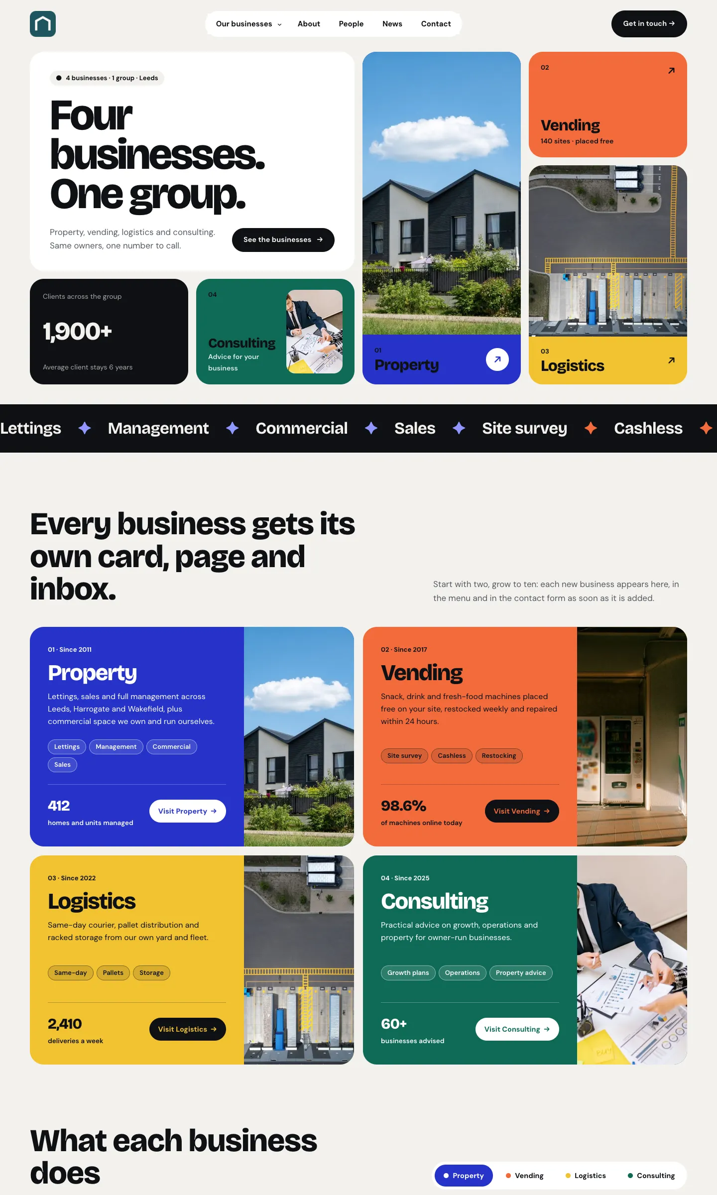 The sample Group website's home page after the wizard, in its starting design, with the sample logo, the main menu, a large heading and the sample photos
