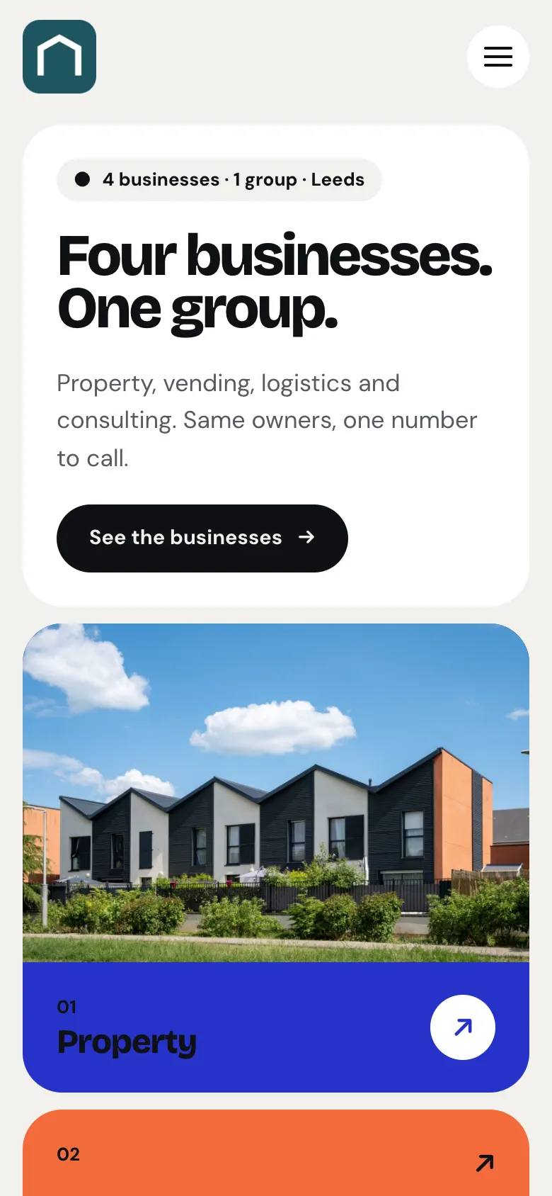 The sample Group home page on a phone, with the logo at the top left, a menu button at the top right, and the large heading below