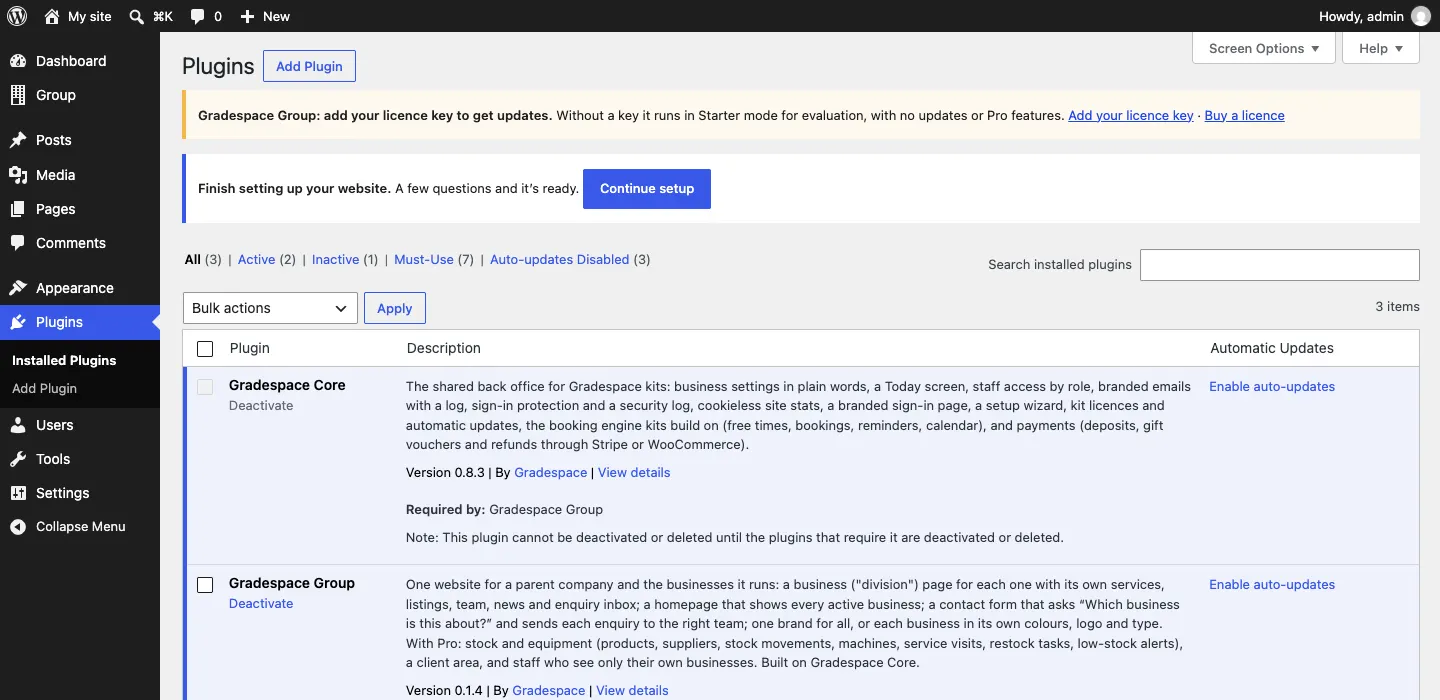 The Installed Plugins list showing Gradespace Group, "Requires: Gradespace Core", and Gradespace Core, "Required by: Gradespace Group", both active
