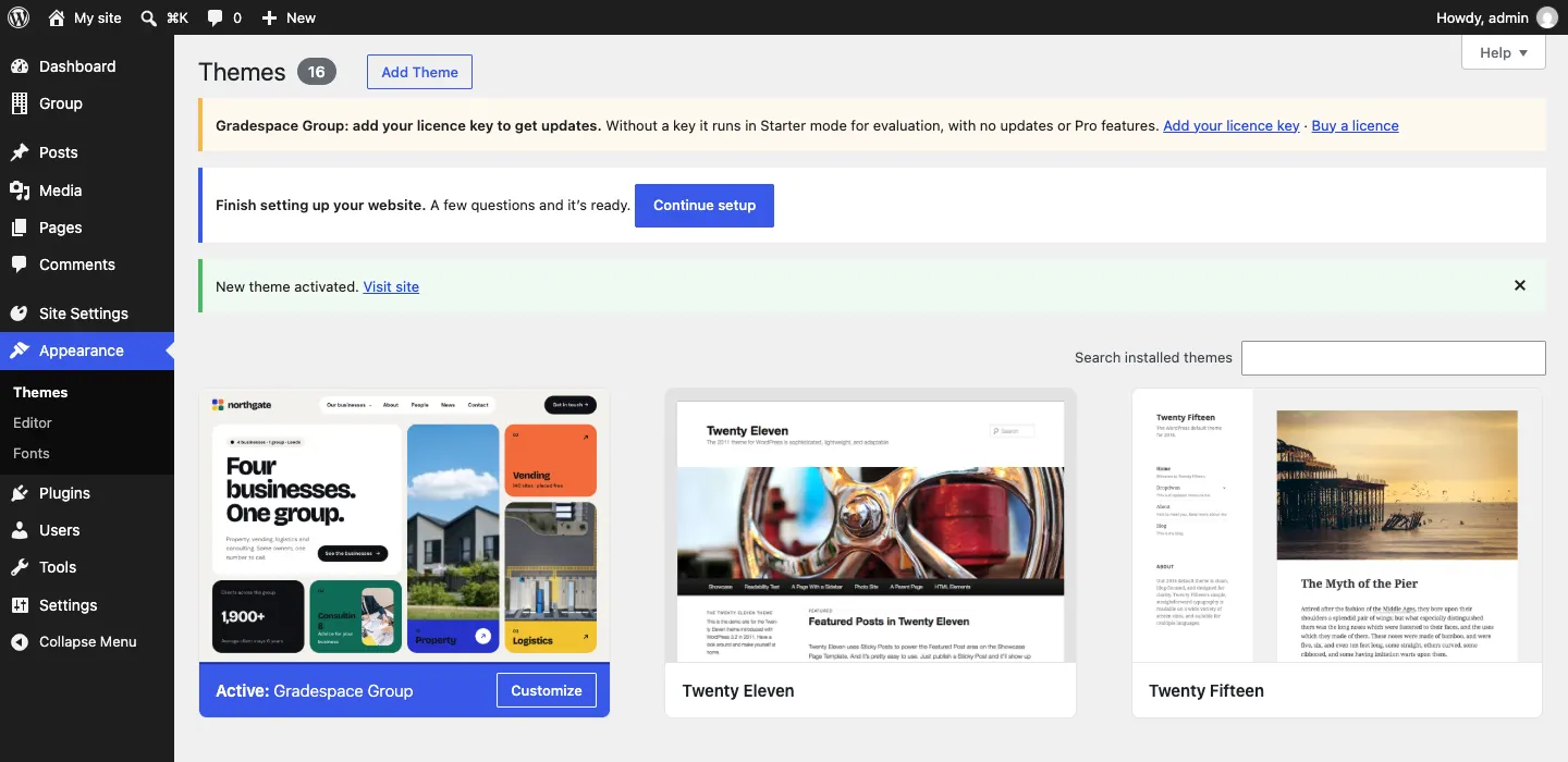 The Themes screen with "Active: Gradespace Group", a notice "New theme activated", the blue "Finish setting up your website" notice with a Continue setup button, and the Site Settings menu on the left