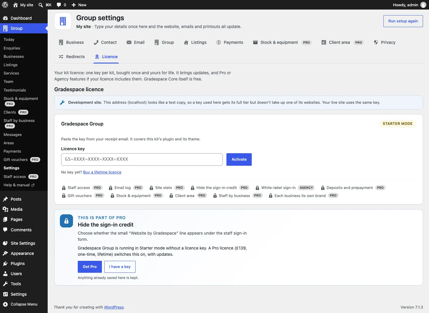 The Licence tab with the Gradespace Group card in Starter mode: an empty Licence key box showing GS-XXXX-XXXX-XXXX-XXXX, an Activate button, the link "No key yet? Buy a lifetime licence", and a row of locked features marked Pro or Agency